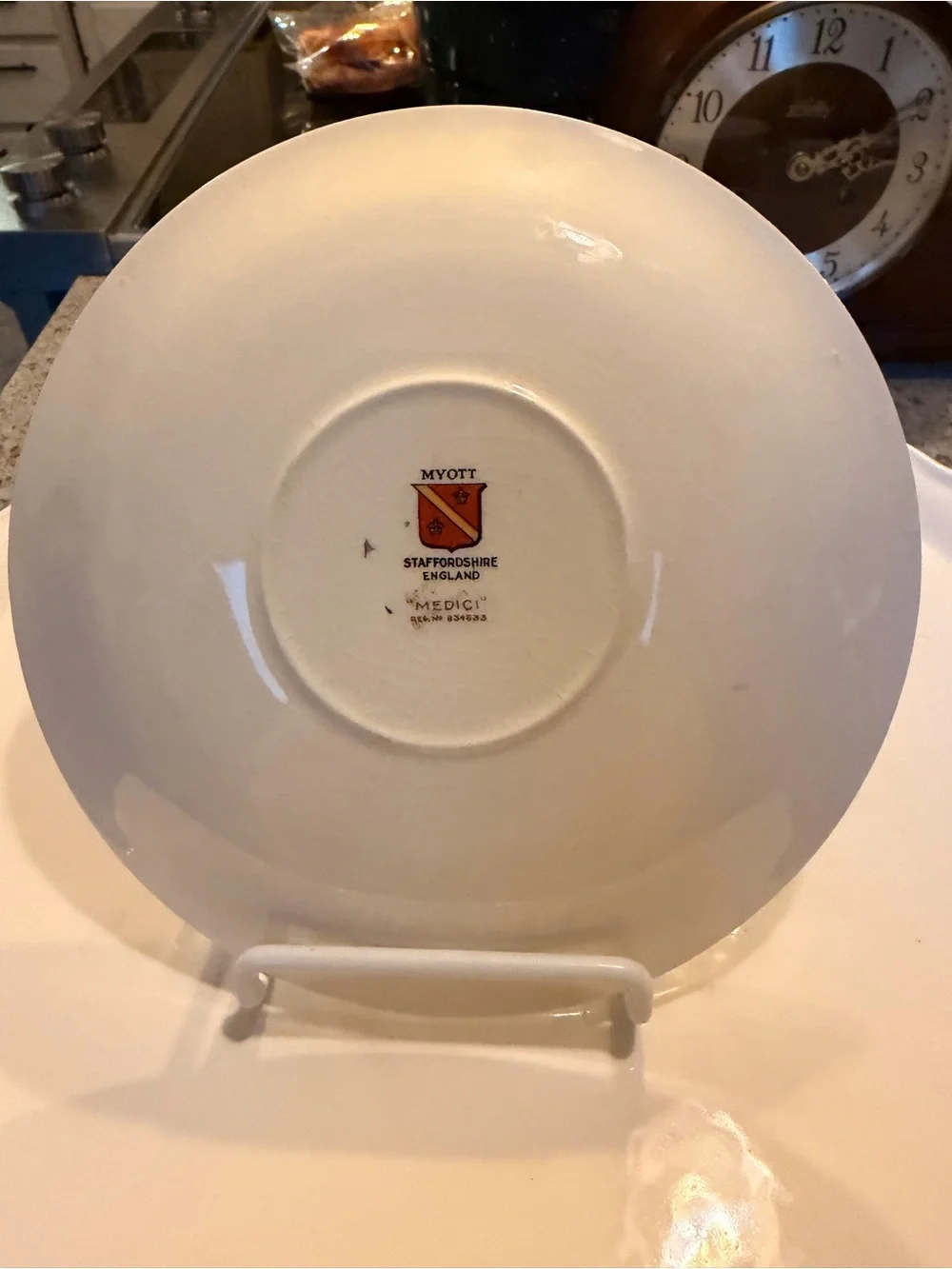 1930s Myott Staﬀordshire Medici Sky Blue transferware saucer.